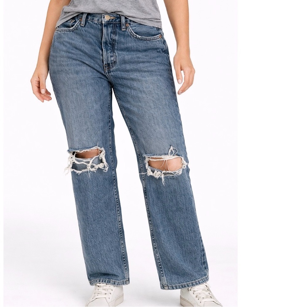 TopShop Dad Jeans button fly busted knee distressed medium wash SZ 27" X 30"